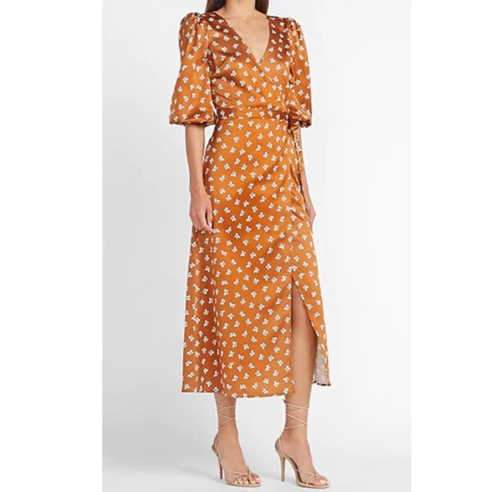 V-Neck Puff Sleeve Wrap Dress in Rust Floral